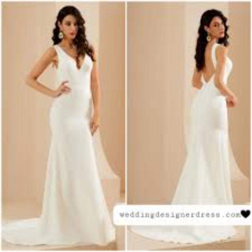 Jj's House White Trumpet/Mermaid V-Neck Sweep Train Stretch Crepe Wedding Dress
